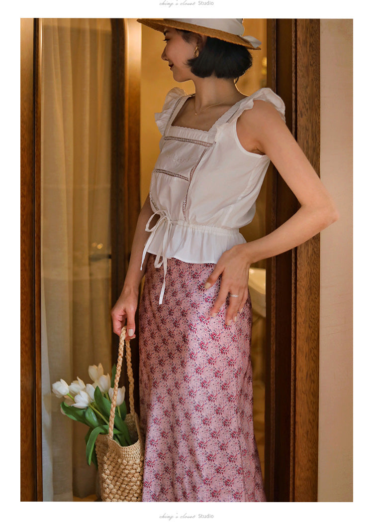 Pink flower pattern french skirt