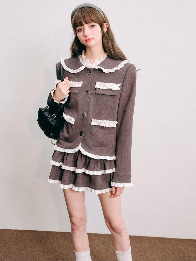 Lace Stitch College Taste Jacket ＆ Puffy Mini Skirt【s0000003853】