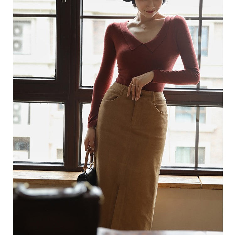 Gray brown retro straight skirt