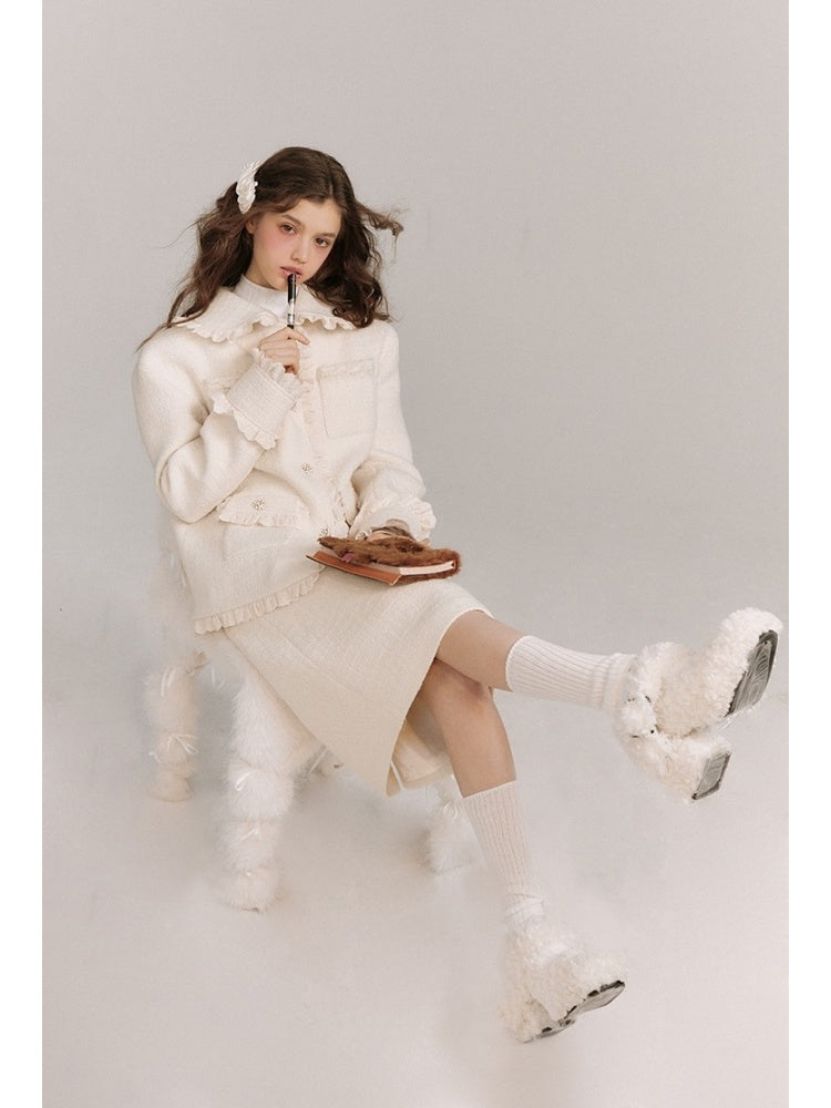 Wool Weave Lazy Bouquet Button Frills Jacket & Skirt【s0000003857】