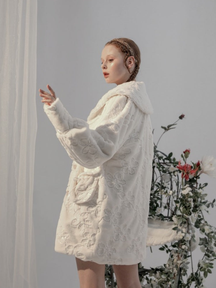 Embroidery Flower Lace Faux Fur Long Coat【s0000003855】