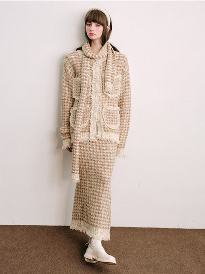 Knitted Fringe Cardigan Jacket With Stole ＆ Long Skirt【s0000003854】
