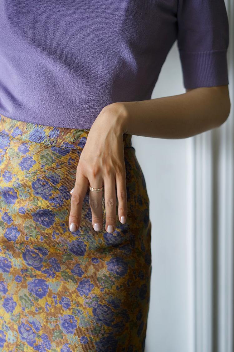 Blue-purple floral jacquard satin skirt