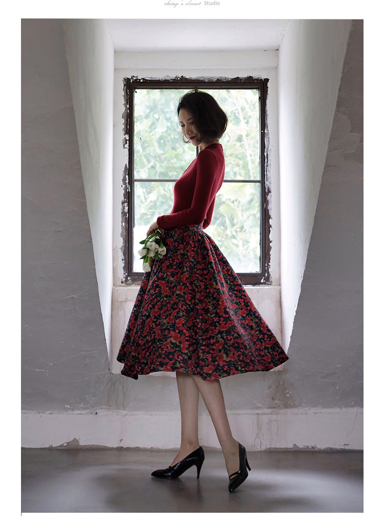 red flower jacquard skirt