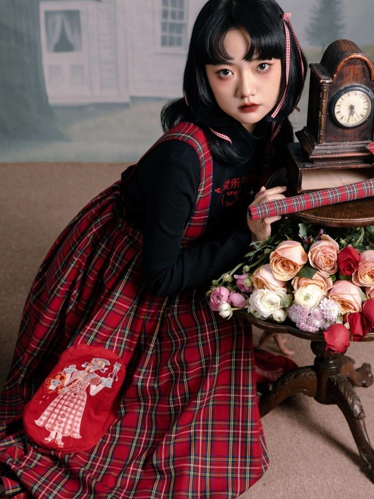 Flower bud plaid suspender dress【s0000003611】