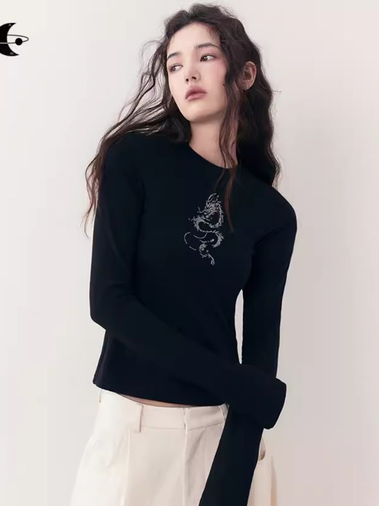 Dragon print rhinestone round neck bottom knit sweater【s0000006398】