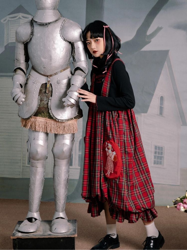 Flower bud plaid suspender dress【s0000003611】