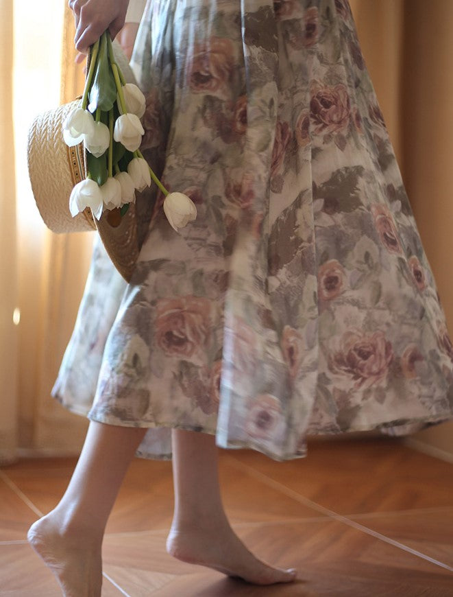 Oil painting rose pattern retro skirt