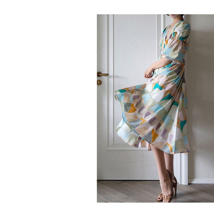 Geometric pattern oil painting dress