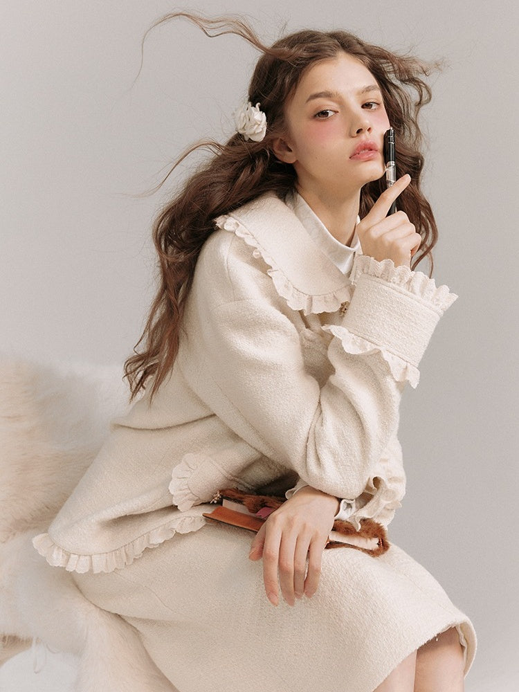 Wool Weave Lazy Bouquet Button Frills Jacket & Skirt【s0000003857】