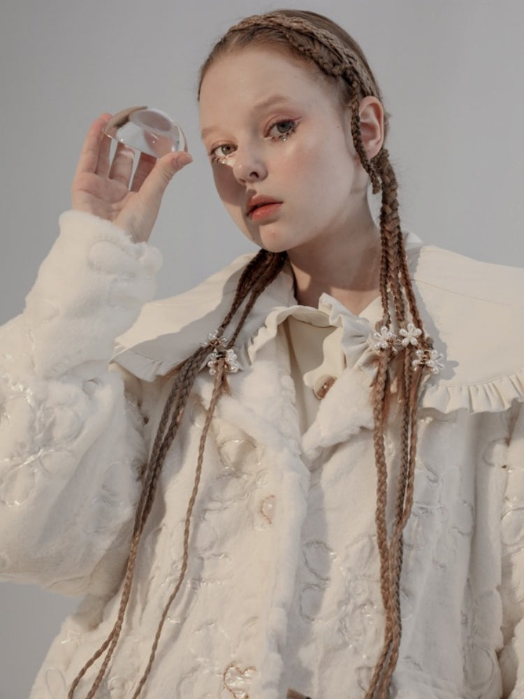 Embroidery Flower Lace Faux Fur Long Coat【s0000003855】