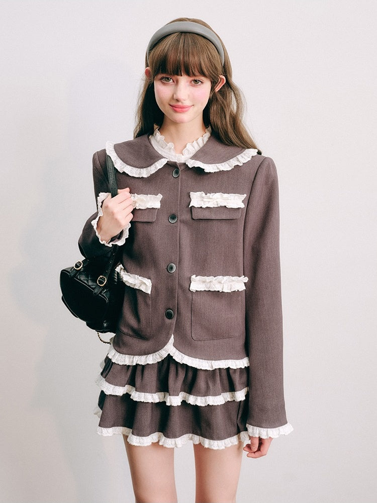 Lace Stitch College Taste Jacket ＆ Puffy Mini Skirt【s0000003853】