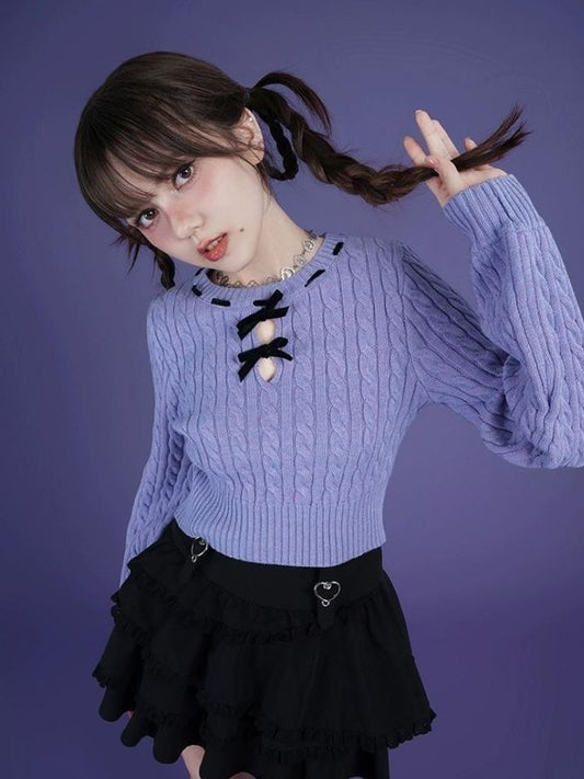Blue-purple bow twist short sweater【s0000005595】