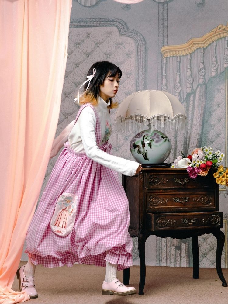 Flower bud plaid suspender dress【s0000003611】