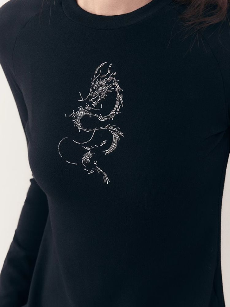 Dragon print rhinestone round neck bottom knit sweater【s0000006398】
