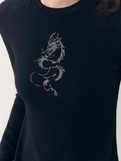 Dragon print rhinestone round neck bottom knit sweater【s0000006398】