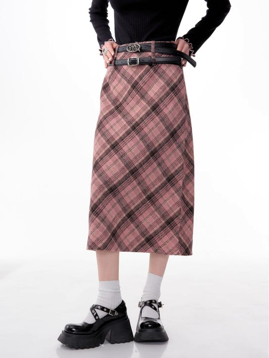 High-waisted thin tweed plaid half-body skirt【s0000006171】