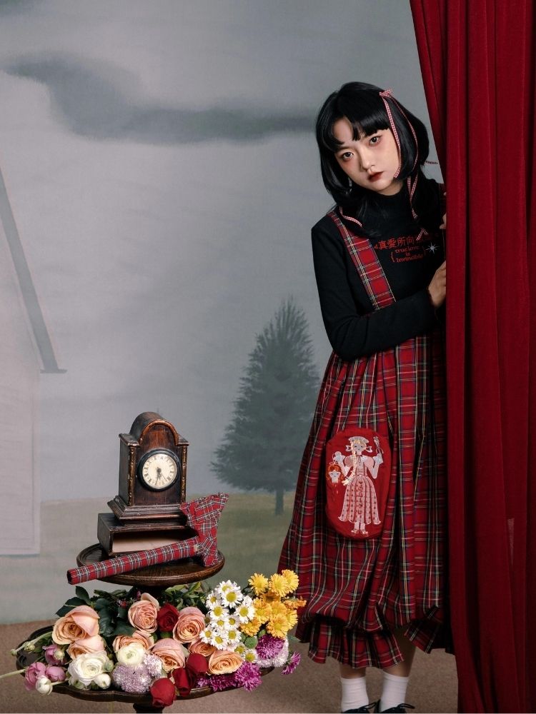 Flower bud plaid suspender dress【s0000003611】