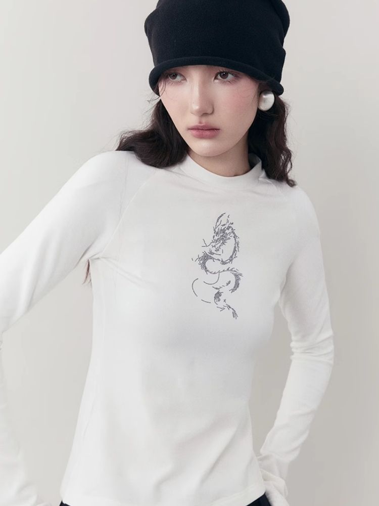 Dragon print rhinestone round neck bottom knit sweater【s0000006398】