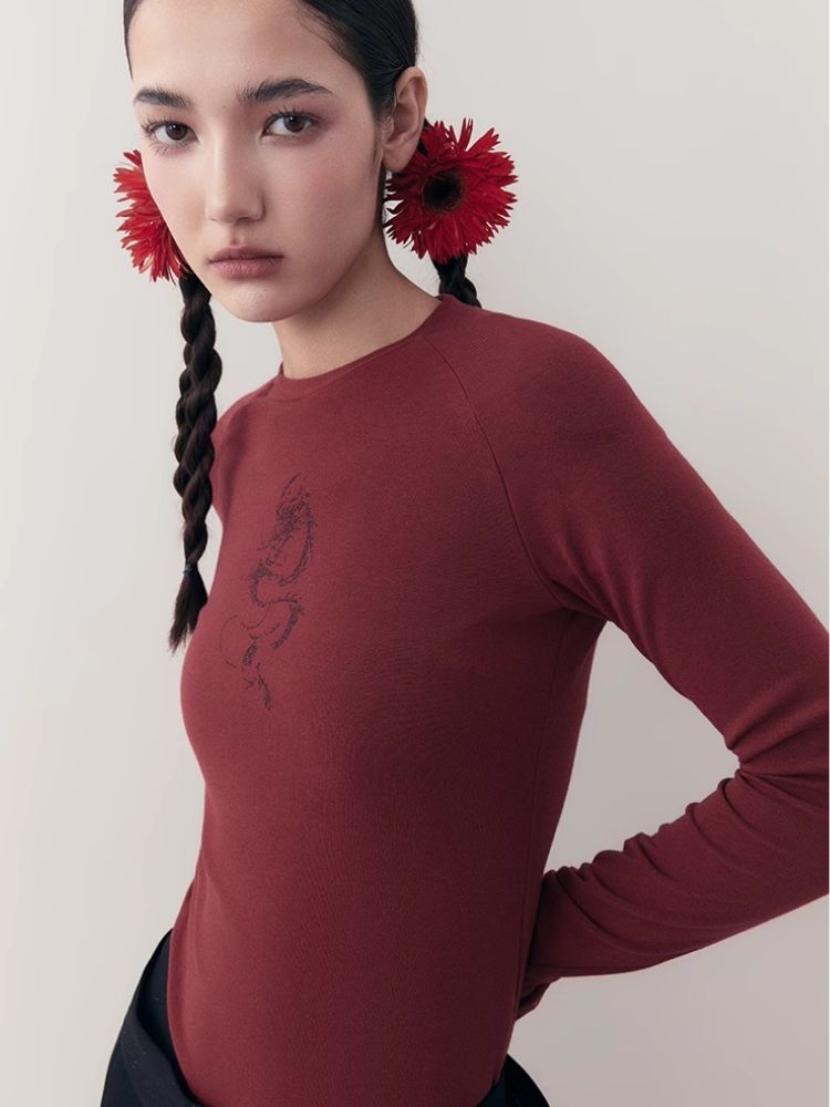 Dragon print rhinestone round neck bottom knit sweater【s0000006398】