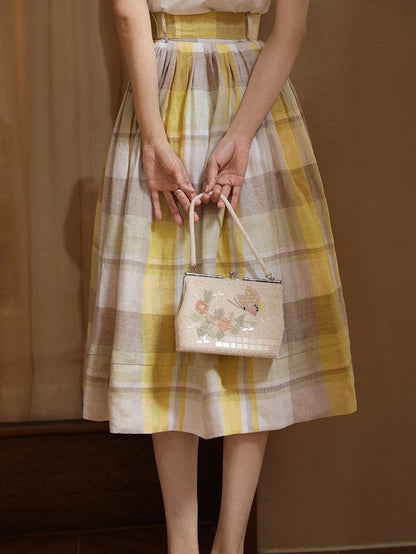 Pale yellow plaid retro umbrella skirt