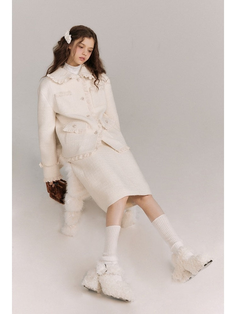 Wool Weave Lazy Bouquet Button Frills Jacket & Skirt【s0000003857】