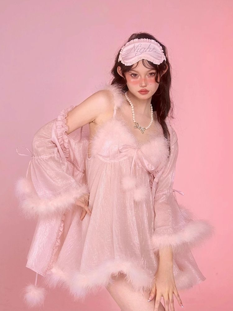 Sexy Pajamas Pink Halter Dress Robe Set【s0000006583】