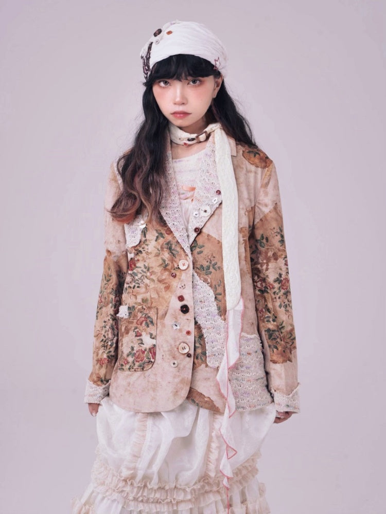 Retro Velvet Splicing Various Buttons Floral Jacket【s0000003586】