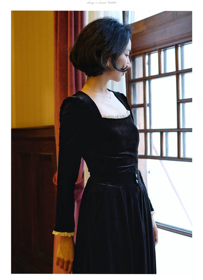 black lady velvet long skirt