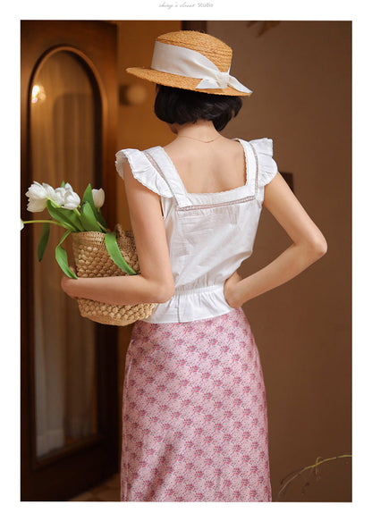 Pink flower pattern french skirt