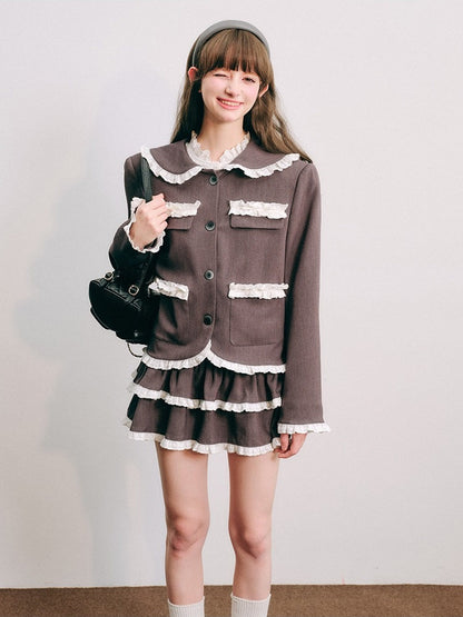 Lace Stitch College Taste Jacket ＆ Puffy Mini Skirt【s0000003853】
