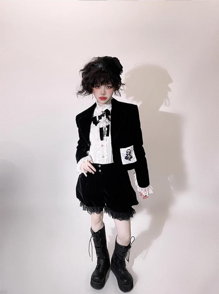 CastleToo - Erosion Heart F-Type - Ouji Lolita Suit Black Velvet Shorts and Skirt