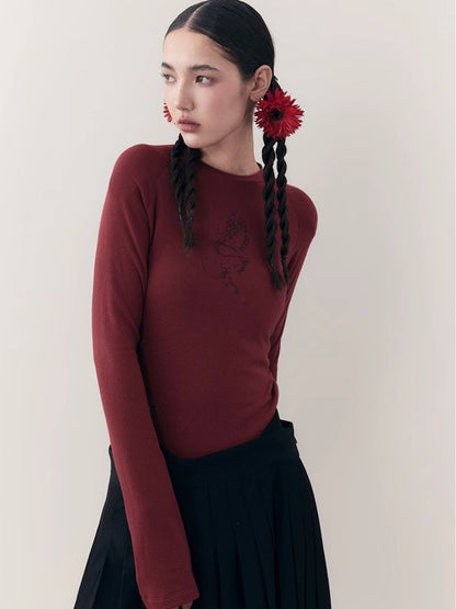 Dragon print rhinestone round neck bottom knit sweater【s0000006398】