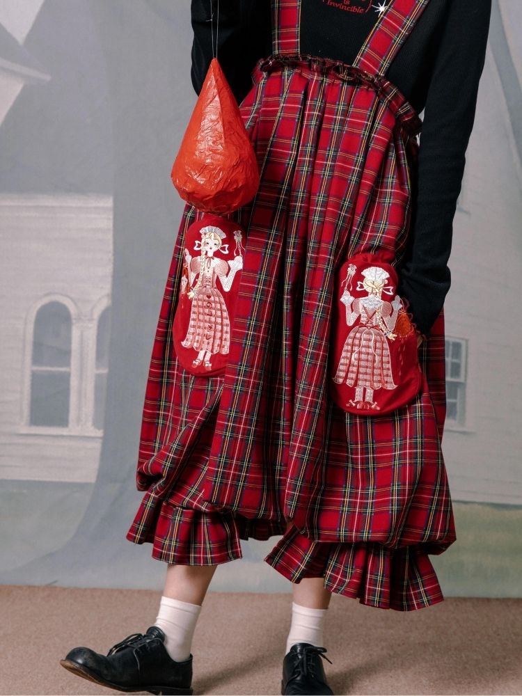 Flower bud plaid suspender dress【s0000003611】