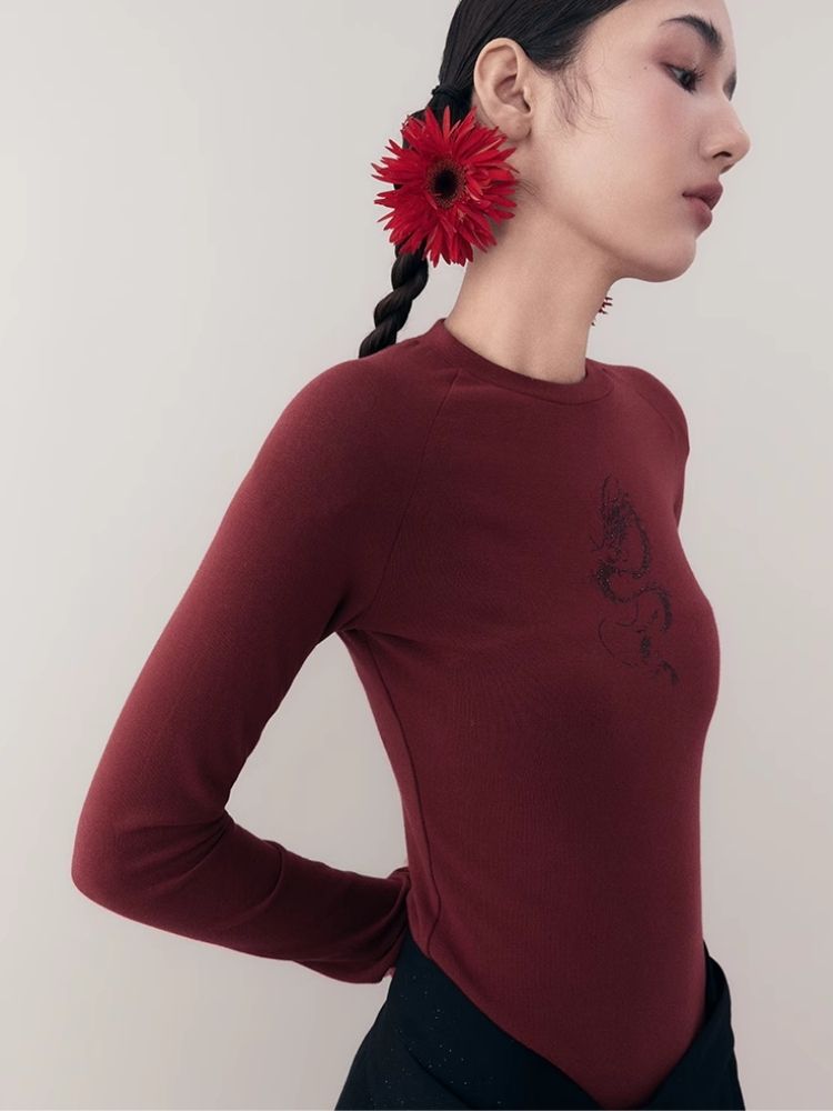 Dragon print rhinestone round neck bottom knit sweater【s0000006398】