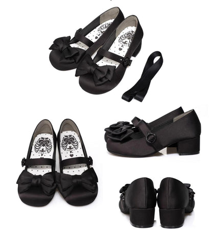 MODO - Sissi - Sweet Lolita Shoes Satin Low Chunky Heels with Bow