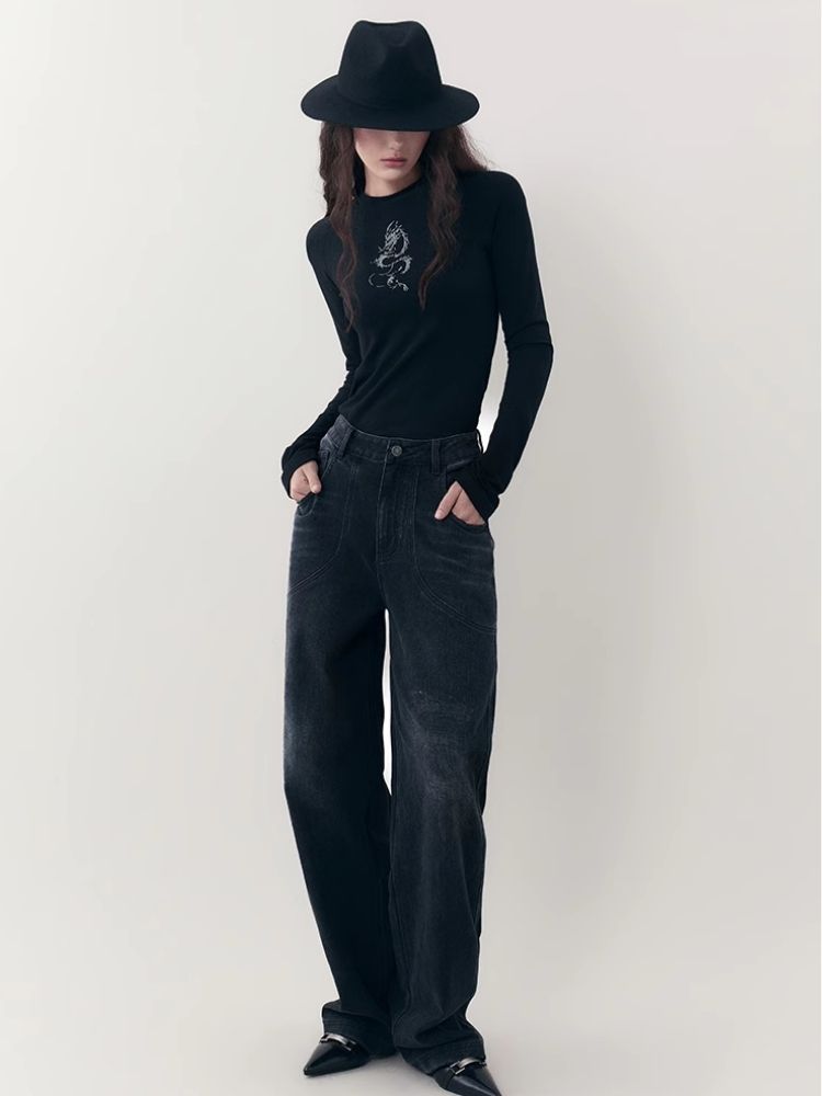 Dragon print rhinestone round neck bottom knit sweater【s0000006398】