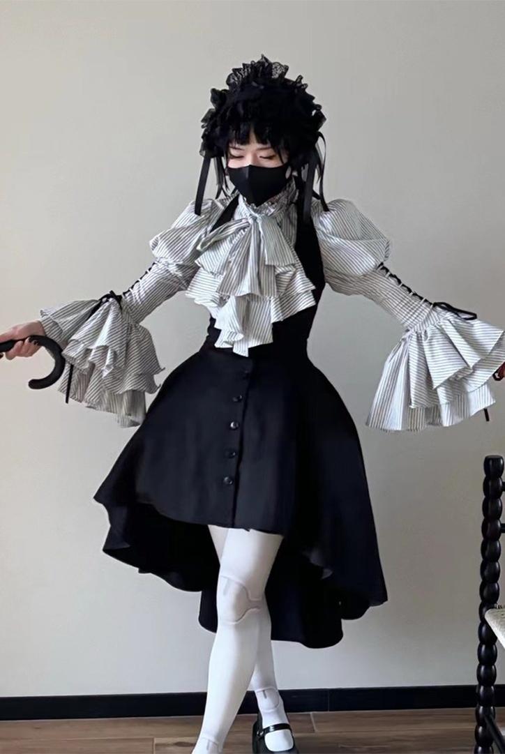 FlowerFairyDaily - Gothic Lolita Striped Shirt With Alternative NeckTie/Jabot