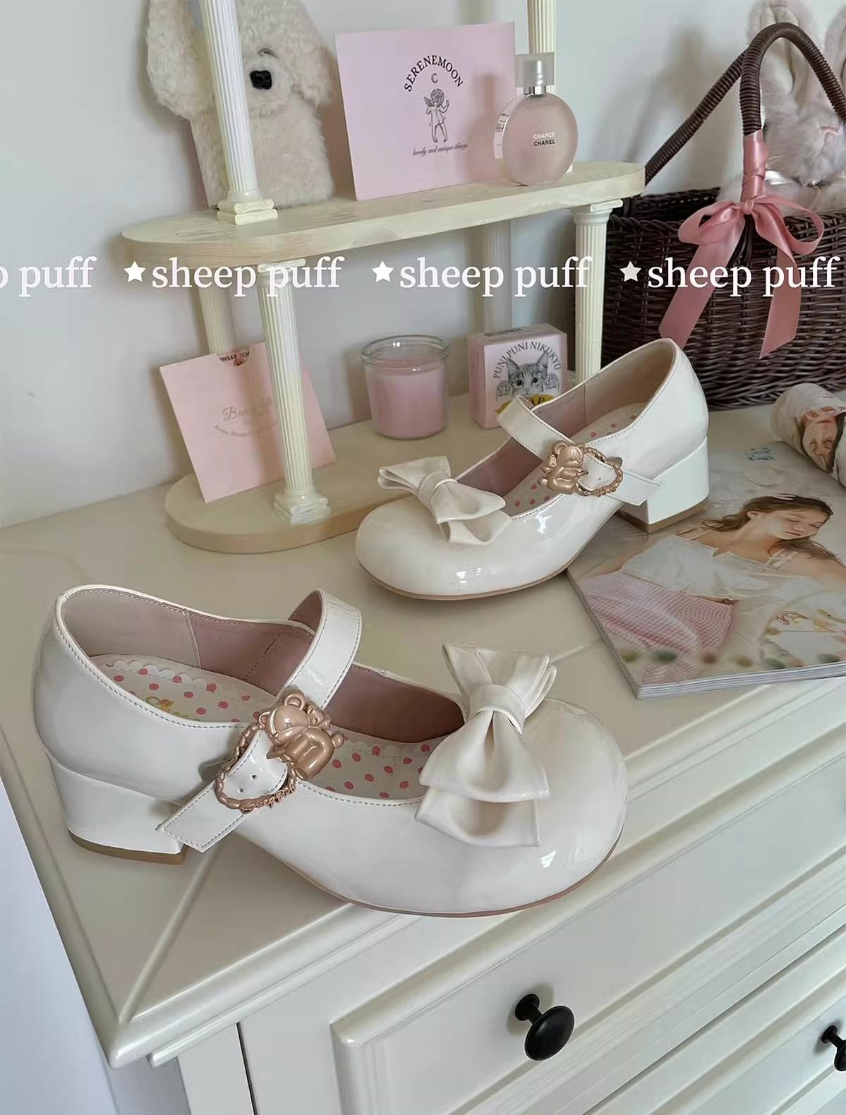 Sheep Puff - Hug Bear - Sweet Lolita Heel Shoes Bear Metal Buckle Bow Shoes