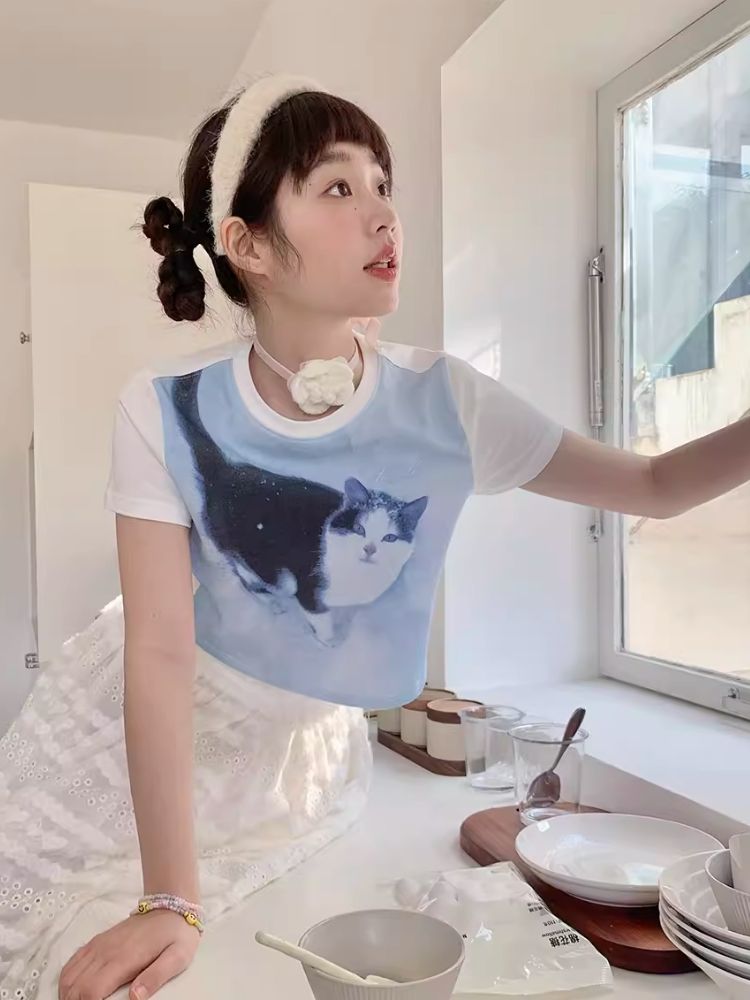 Shoulder Skinny Sweet Cool Girl Short T-Shirt【s0000007710】