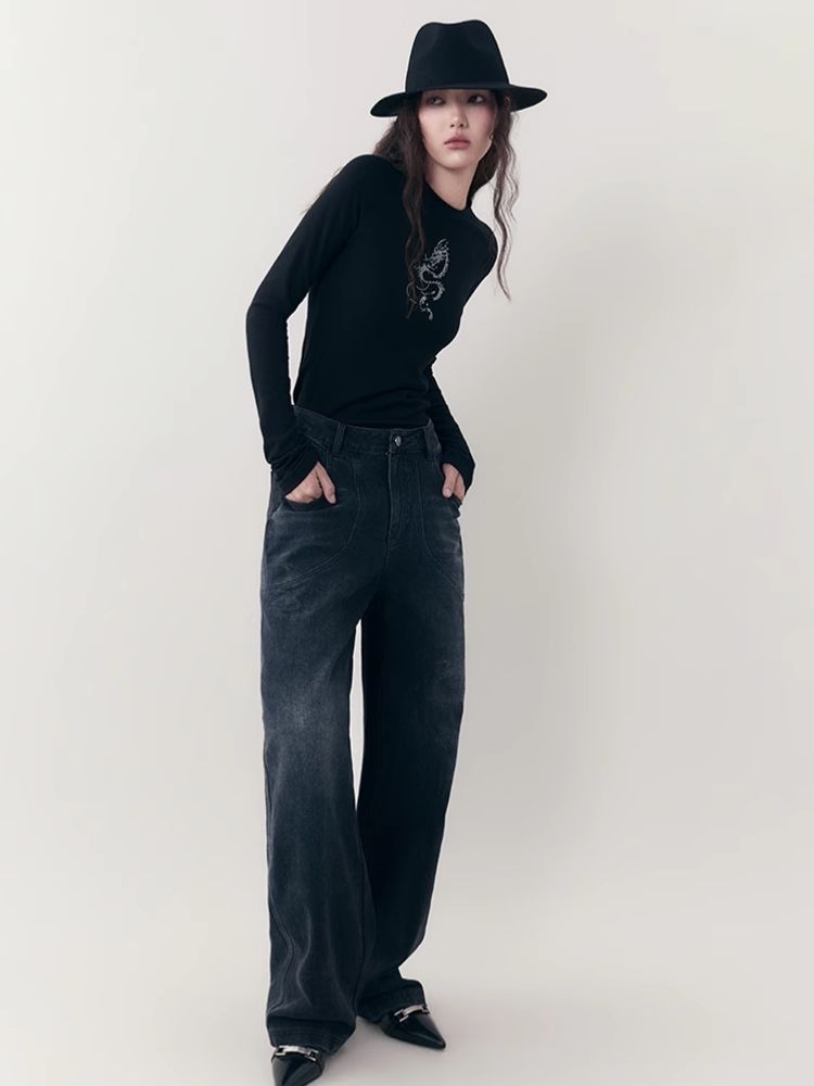 Dragon print rhinestone round neck bottom knit sweater【s0000006398】