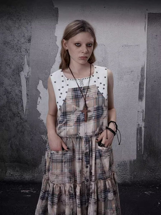 American vintage worn plaid dress【s0000006703】