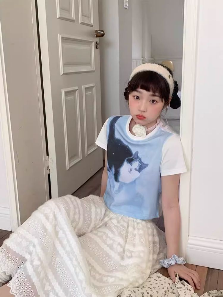 Shoulder Skinny Sweet Cool Girl Short T-Shirt【s0000007710】