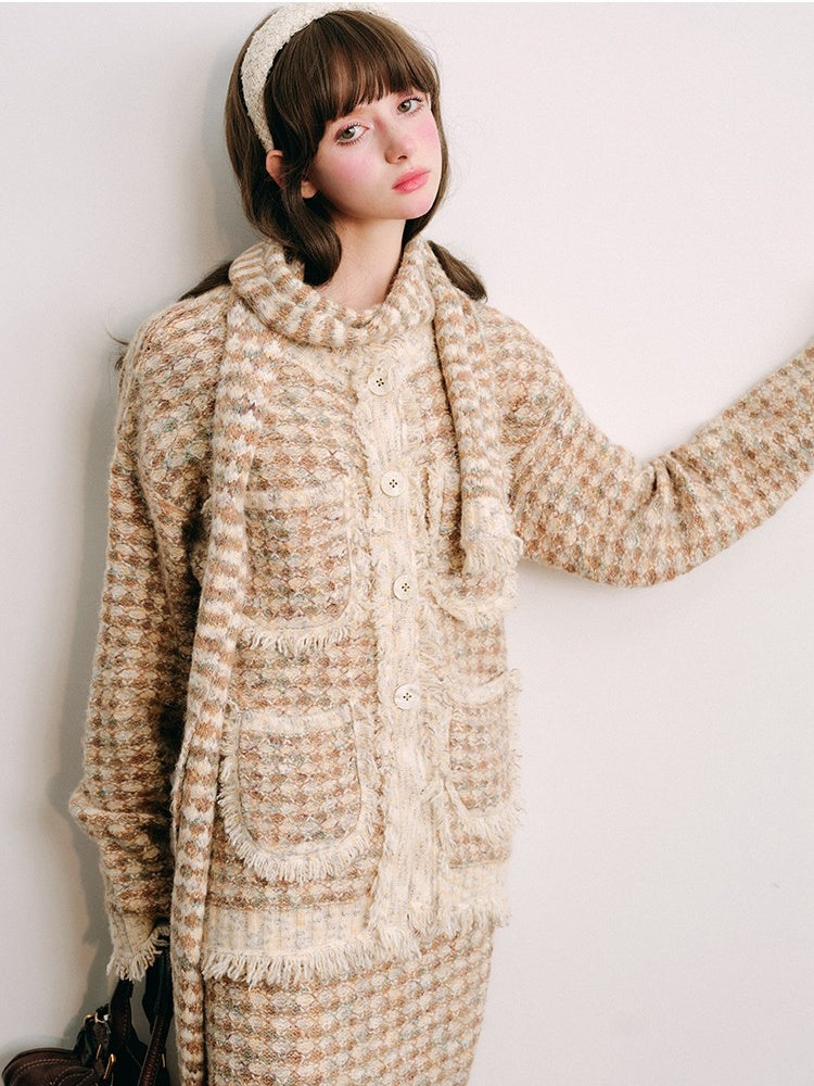 Knitted Fringe Cardigan Jacket With Stole ＆ Long Skirt【s0000003854】