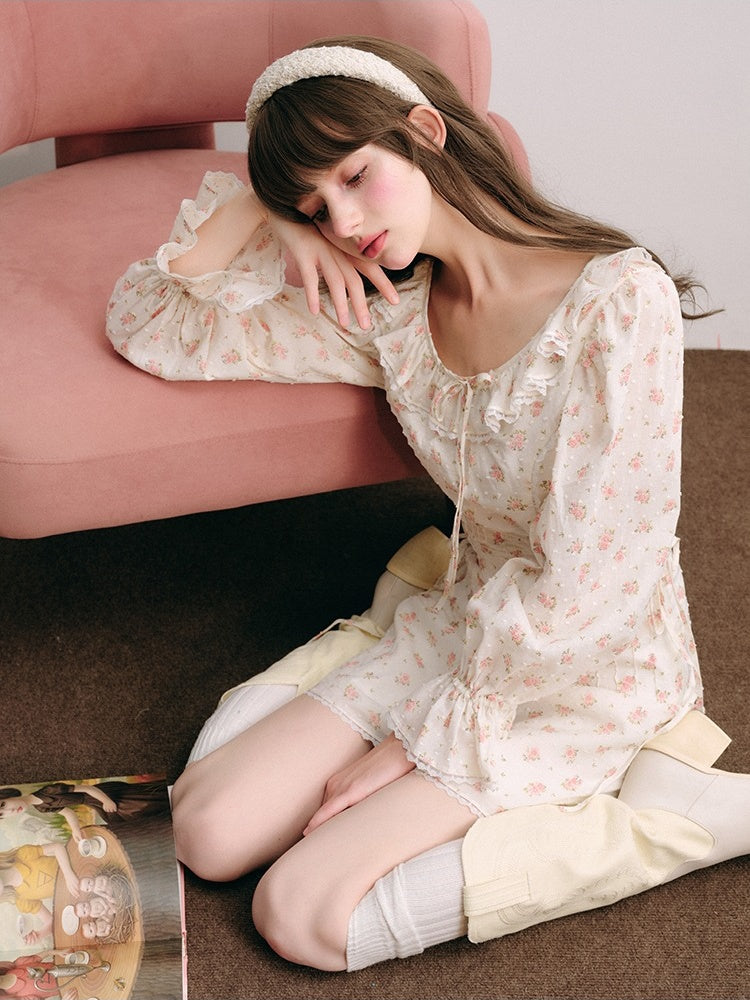 Floral Frill Collar Cropped Shirt ＆ A-Line Mini Skirt【s0000003850】