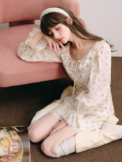 Floral Frill Collar Cropped Shirt ＆ A-Line Mini Skirt【s0000003850】