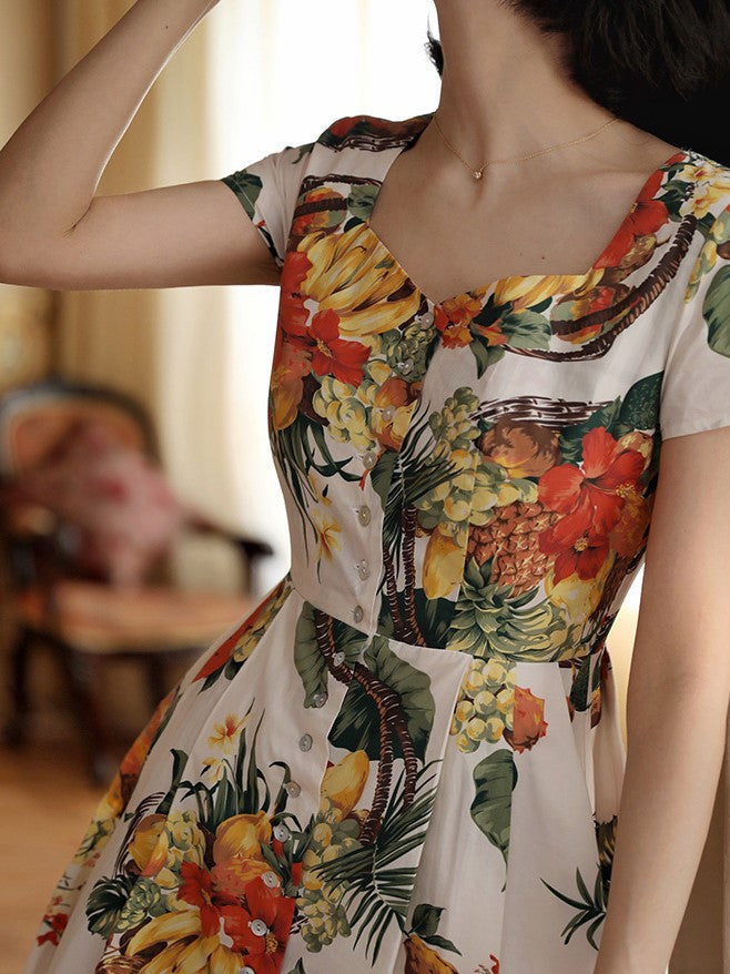 Wisteria yellow and red orange flower pattern vintage dress