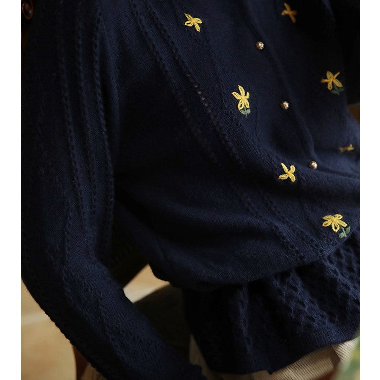 Dark blue floral embroidery knit cardigan