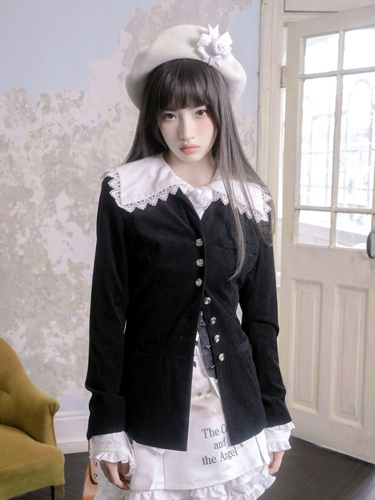 Sailor Collar Rose Button Jacquard Jacket【s0000003813】