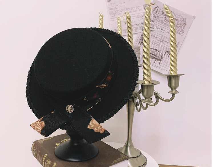 Princess Chronicles - Arms of Glory - Retro Ouji Lolita Prince Black Flat Bonnet